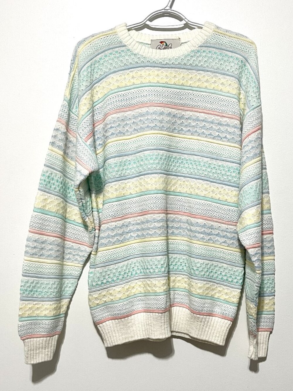 Mens VTG Pastel Sweater Crewneck M 3D Knit Preppy Frat Ivy League Country Club